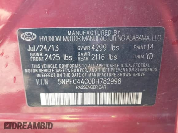 2013 Hyundai Sonata Limited с VIN 5NPEC4AC0DH782998, выставлен на аукционе IAAI как лот 41835588 с пробегом 135 870 миль миль и . История ставок и продаж доступна на DreamBid. Изображение 9.