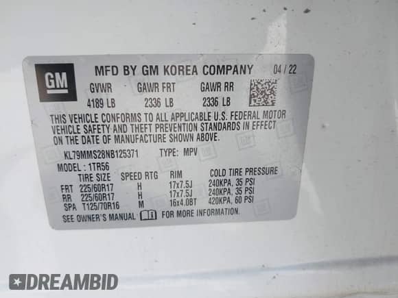 2022 Chevrolet TrailBlazer LS z VIN KL79MMS28NB125371, wystawiony jako IAAI lot #43288453 z przebiegiem 35 165 mil mil oraz . Historia ofert i sprzedaży dostępna na DreamBid. Obrazek 9.