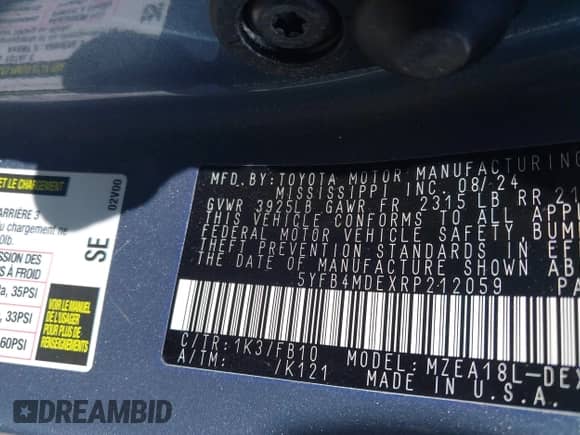 2024 Toyota Corolla LE с VIN 5YFB4MDEXRP212059, выставлен на аукционе IAAI как лот 43256621 с пробегом 17 126 миль миль и . История ставок и продаж доступна на DreamBid. Изображение 9.