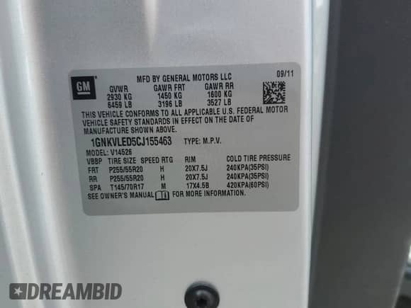 2012 Chevrolet Traverse LTZ с VIN 1GNKVLED5CJ155463, выставлен на аукционе Copart как лот 56478935 с пробегом Не указан миль и Списание • Salvage title. История ставок и продаж доступна на DreamBid. Изображение 13.