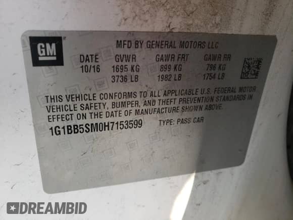 2017 Chevrolet Cruze LS z VIN 1G1BB5SM0H7153599, wystawiony jako Copart lot #83099414 z przebiegiem 161 527 mil mil oraz Nie do naprawy • Non repairable. Historia ofert i sprzedaży dostępna na DreamBid. Obrazek 10.