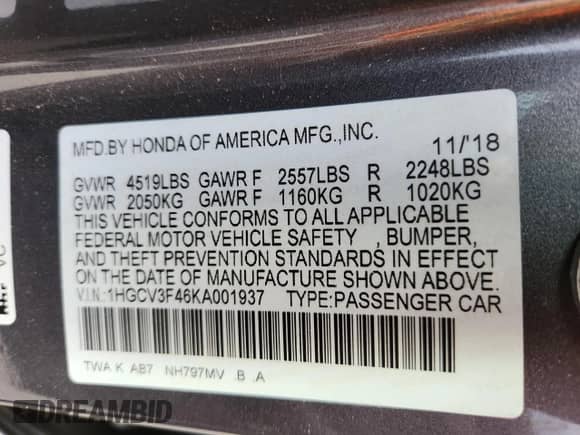 2019 Honda Accord EX z VIN 1HGCV3F46KA001937, wystawiony jako Copart lot #69223665 z przebiegiem 39 083 mil mil oraz Szkoda całkowita • Salvage title. Historia ofert i sprzedaży dostępna na DreamBid. Obrazek 12.