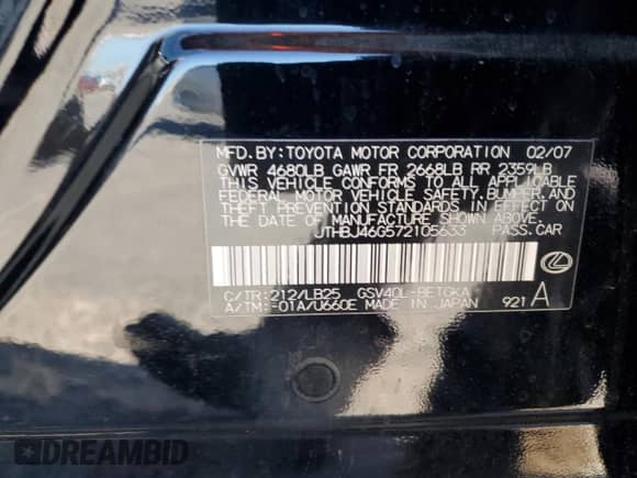 2007 Lexus ES 330 z VIN JTHBJ46G572105633, wystawiony jako Copart lot #86304705 z przebiegiem 98 938 mil mil oraz Szkoda całkowita • Salvage title. Historia ofert i sprzedaży dostępna na DreamBid. Obrazek 12.