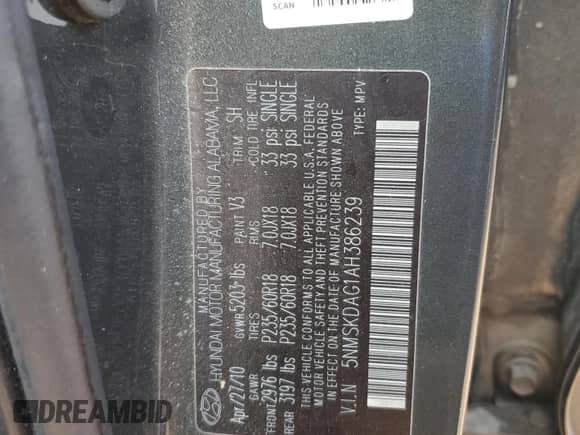 2010 Hyundai Santa Fe Limited with VIN 5NMSKDAG1AH386239, listed as a Copart auction lot 66294195 with 145,737 mi miles and Salvage title. Bid and sale history available at DreamBid. Image 12.