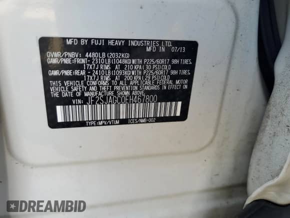 2014 Subaru Forester Premium with VIN JF2SJAGC0EH467800, listed as a Copart auction lot 57047475 with 166,724 mi miles and Salvage title. Bid and sale history available at DreamBid. Image 13.