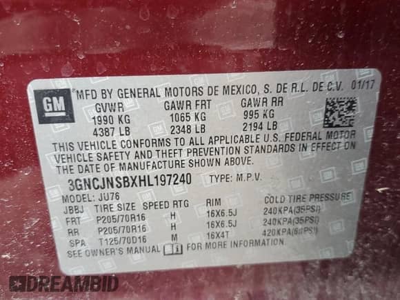 2017 Chevrolet Trax LS z VIN 3GNCJNSBXHL197240, wystawiony jako Copart lot #87011485 z przebiegiem 71 041 mil mil oraz Szkoda całkowita • Salvage title. Historia ofert i sprzedaży dostępna na DreamBid. Obrazek 13.