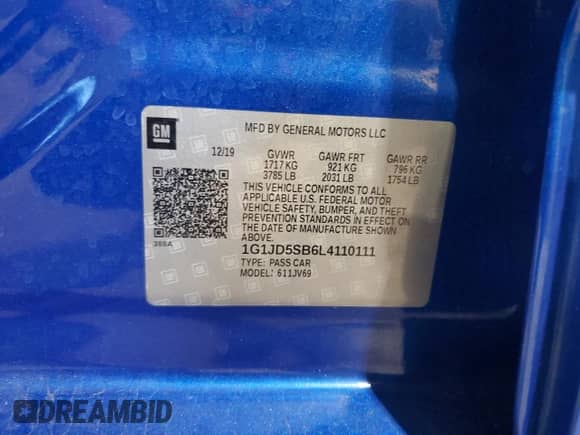 2020 Chevrolet Sonic LT с VIN 1G1JD5SB6L4110111, выставлен на аукционе Copart как лот 70371925 с пробегом 43 445 миль миль и Списание • Salvage title. История ставок и продаж доступна на DreamBid. Изображение 12.