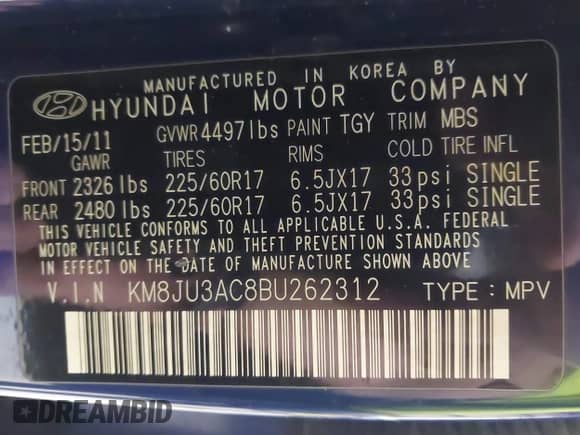 2011 Hyundai Tucson Limited с VIN KM8JU3AC8BU262312, выставлен на аукционе IAAI как лот 43424291 с пробегом 167 229 миль миль и . История ставок и продаж доступна на DreamBid. Изображение 9.
