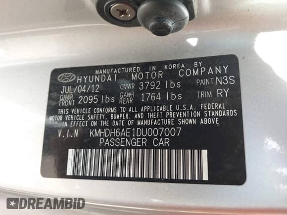 2013 Hyundai Elantra GS z VIN KMHDH6AE1DU007007, wystawiony jako IAAI lot #43315432 z przebiegiem 167 171 mil mil oraz . Historia ofert i sprzedaży dostępna na DreamBid. Obrazek 9.