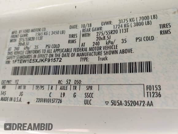 2018 Ford F-150 XL z VIN 1FTEW1E5XJKF91572, wystawiony jako IAAI lot #43055529 z przebiegiem Nie podano mil oraz . Historia ofert i sprzedaży dostępna na DreamBid. Obrazek 9.