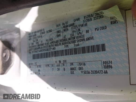 2007 Ford Econoline Cargo Commercial with VIN 1FTNE14WX7DB37140, listed as a IAAI auction lot 42738972 with 174,799 mi miles and . Bid and sale history available at DreamBid. Image 9.