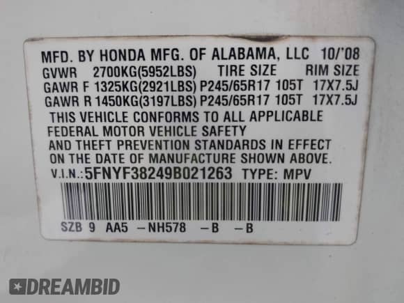 2009 Honda Pilot LX с VIN 5FNYF38249B021263, выставлен на аукционе IAAI как лот 42950117 с пробегом 216 372 миль миль и . История ставок и продаж доступна на DreamBid. Изображение 9.