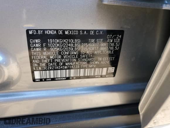 2025 Honda HR-V LX z VIN 3CZRZ1H34SM714239, wystawiony jako Copart lot #71808355 z przebiegiem 24 401 mil mil oraz Szkoda całkowita • Salvage title. Historia ofert i sprzedaży dostępna na DreamBid. Obrazek 13.