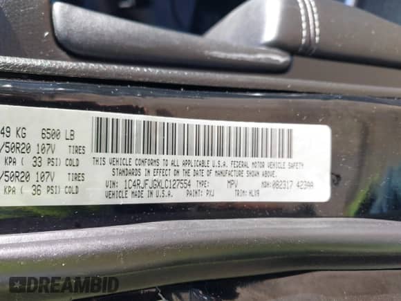 2020 Jeep Grand Cherokee Summit with VIN 1C4RJFJGXLC127554, listed as a IAAI auction lot 41600201 with 40,819 mi miles and . Bid and sale history available at DreamBid. Image 9.