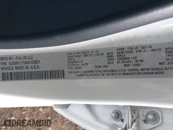 2022 Ram 1500 Laramie z VIN 1C6SRFJT5NN150651, wystawiony jako IAAI lot #43082621 z przebiegiem Nie podano mil oraz . Historia ofert i sprzedaży dostępna na DreamBid. Obrazek 9.