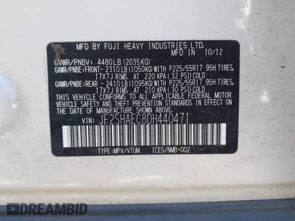 2013 Subaru Forester X Limited with VIN JF2SHAEC8DH440471, listed as a IAAI auction lot 42433401 with 61,517 mi miles and . Bid and sale history available at DreamBid. Image 9.