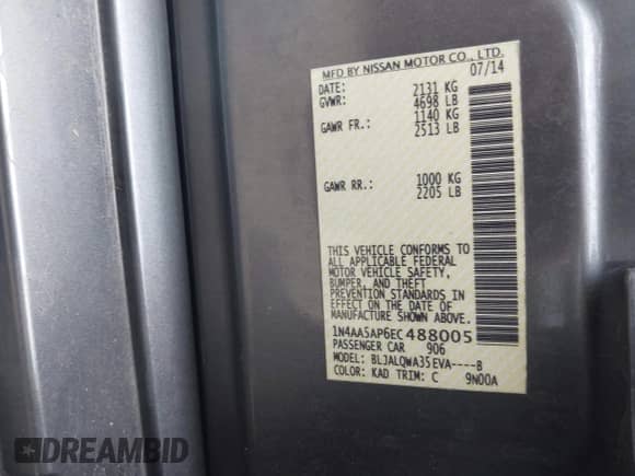 2014 Nissan Maxima SV z VIN 1N4AA5AP6EC488005, wystawiony jako IAAI lot #42894857 z przebiegiem 93 618 mil mil oraz . Historia ofert i sprzedaży dostępna na DreamBid. Obrazek 9.