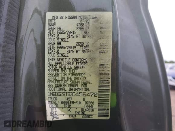 2003 Nissan Frontier XE z VIN 1N6DD26T93C456470, wystawiony jako IAAI lot #39643098 z przebiegiem 237 317 mil mil oraz . Historia ofert i sprzedaży dostępna na DreamBid. Obrazek 9.