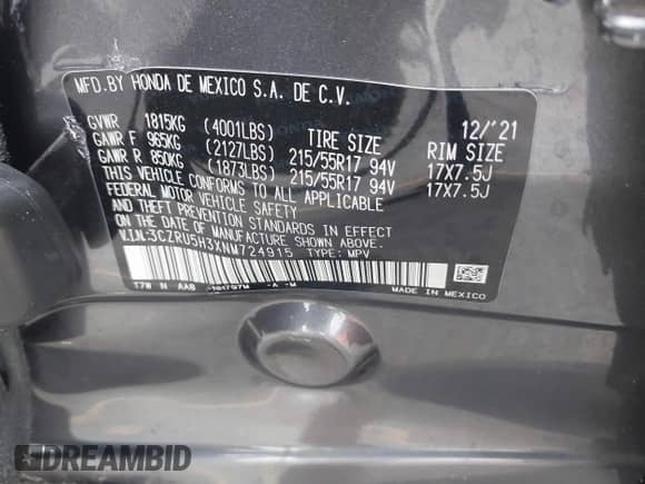 2022 Honda HR-V LX with VIN 3CZRU5H3XNM724915, listed as a IAAI auction lot 42793724 with 37,434 mi miles and . Bid and sale history available at DreamBid. Image 9.
