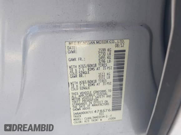 2012 Nissan Frontier SV с VIN 1N6AD0ER7CC478576, выставлен на аукционе IAAI как лот 42872701 с пробегом Не указан миль и . История ставок и продаж доступна на DreamBid. Изображение 9.