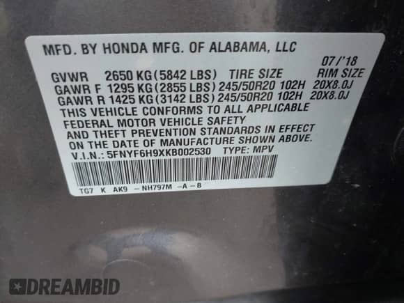 2019 Honda Pilot Touring 8-Passenger z VIN 5FNYF6H9XKB002530, wystawiony jako IAAI lot #43112644 z przebiegiem 122 140 mil mil oraz . Historia ofert i sprzedaży dostępna na DreamBid. Obrazek 9.