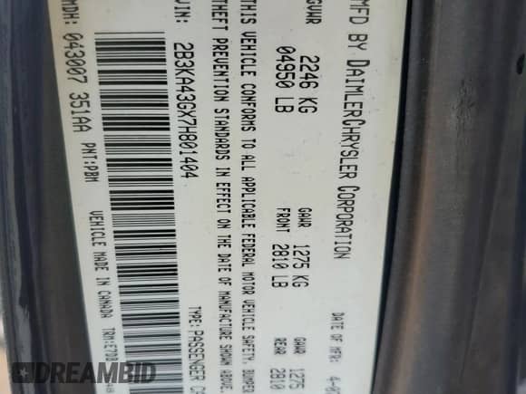 2007 Dodge Charger с VIN 2B3KA43GX7H801404, выставлен на аукционе Copart как лот 76350274 с пробегом 138 877 миль миль и Списание • Salvage title. История ставок и продаж доступна на DreamBid. Изображение 12.