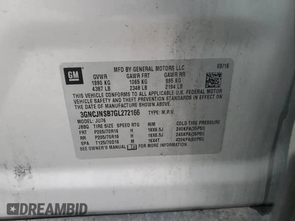 2016 Chevrolet Trax LS z VIN 3GNCJNSB7GL272166, wystawiony jako Copart lot #70975695 z przebiegiem 101 476 mil mil oraz Czysty tytuł • Clean title. Historia ofert i sprzedaży dostępna na DreamBid. Obrazek 13.