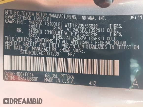 2012 Toyota Sienna LE with VIN 5TDJK3DC4CS031239, listed as a IAAI auction lot 42145711 with 176,631 mi miles and . Bid and sale history available at DreamBid. Image 9.