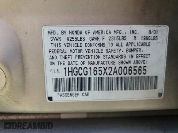 2002 Honda Accord EX with VIN 1HGCG165X2A006565, listed as a Copart auction lot 71033755 with Not provided miles and Salvage title. Bid and sale history available at DreamBid. Image 12.