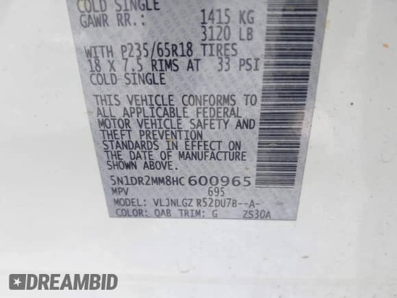 2017 Nissan Pathfinder SV with VIN 5N1DR2MM8HC600965, listed as a IAAI auction lot 42735306 with 135,065 mi miles and . Bid and sale history available at DreamBid. Image 9.