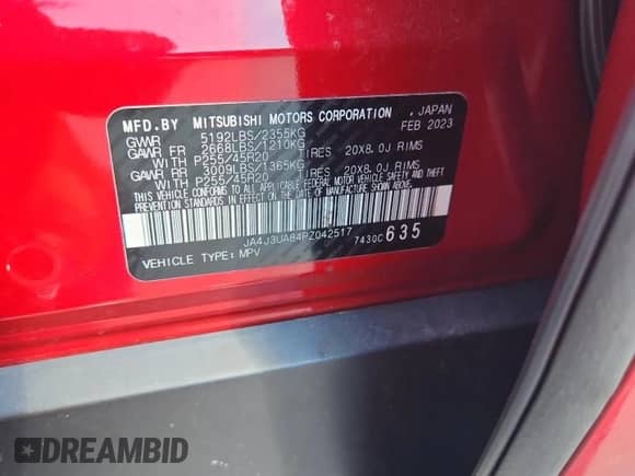 2023 Mitsubishi Outlander SE with VIN JA4J3UA84PZ042517, listed as a Copart auction lot 71360985 with 61,192 mi miles and Salvage title. Bid and sale history available at DreamBid. Image 13.