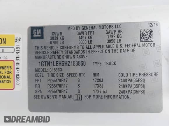 2017 GMC Sierra 1500 with VIN 1GTN1LEH5HZ183860, listed as a IAAI auction lot 42749235 with 201,966 mi miles and . Bid and sale history available at DreamBid. Image 9.