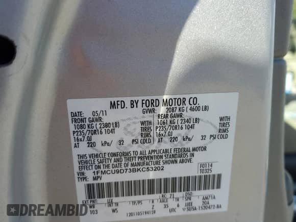 2011 Ford Escape XLT with VIN 1FMCU9D73BKC53202, listed as a Copart auction lot 86856095 with 111,475 mi miles and Salvage title. Bid and sale history available at DreamBid. Image 13.