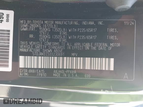 2025 Toyota Sienna XLE z VIN 5TDJRKEC5SS230691, wystawiony jako IAAI lot #43186267 z przebiegiem 46 112 mil mil oraz . Historia ofert i sprzedaży dostępna na DreamBid. Obrazek 9.