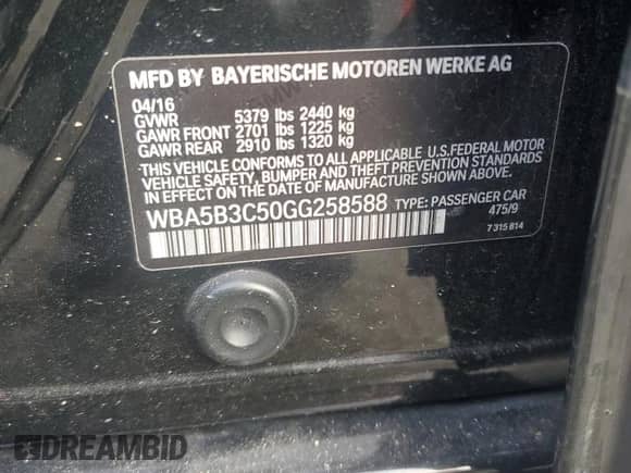 2016 BMW 5 Series 535i xDrive с VIN WBA5B3C50GG258588, выставлен на аукционе Copart как лот 82292575 с пробегом Не указан миль и Чистый • Clean title. История ставок и продаж доступна на DreamBid. Изображение 12.