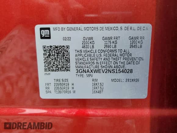 2022 Chevrolet Equinox RS с VIN 3GNAXWEV2NS154028, выставлен на аукционе Copart как лот 65820035 с пробегом Не указан миль и Списание • Salvage title. История ставок и продаж доступна на DreamBid. Изображение 14.