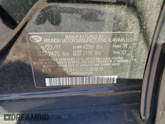 2012 Hyundai Sonata GLS z VIN 5NPEB4AC6CH360834, wystawiony jako Copart lot #85660485 z przebiegiem 141 067 mil mil oraz Czysty tytuł • Clean title. Historia ofert i sprzedaży dostępna na DreamBid. Obrazek 12.