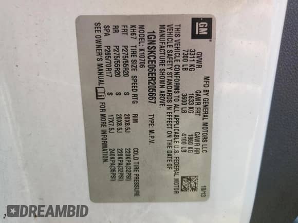 2014 Chevrolet Tahoe LTZ z VIN 1GNSKCE06ER205667, wystawiony jako Copart lot #54498035 z przebiegiem 93 433 mil mil oraz Szkoda całkowita • Salvage title. Historia ofert i sprzedaży dostępna na DreamBid. Obrazek 14.