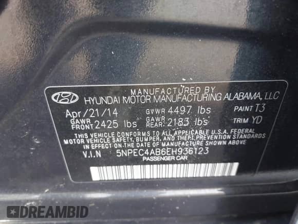 2014 Hyundai Sonata Limited with VIN 5NPEC4AB6EH936123, listed as a IAAI auction lot 42561838 with 85,366 mi miles and . Bid and sale history available at DreamBid. Image 9.