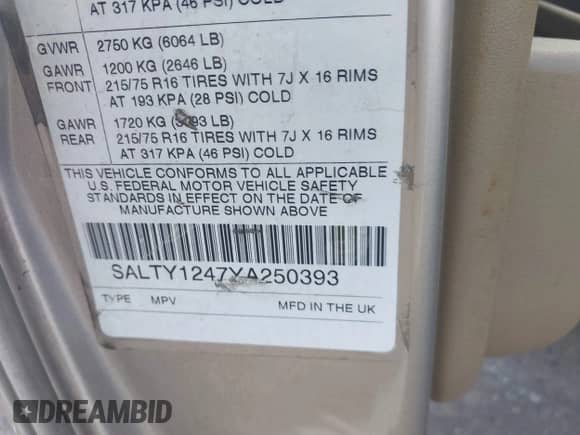 2000 Land Rover Discovery Cloth with VIN SALTY1247YA250393, listed as a IAAI auction lot 42900372 with 102,991 mi miles and . Bid and sale history available at DreamBid. Image 9.