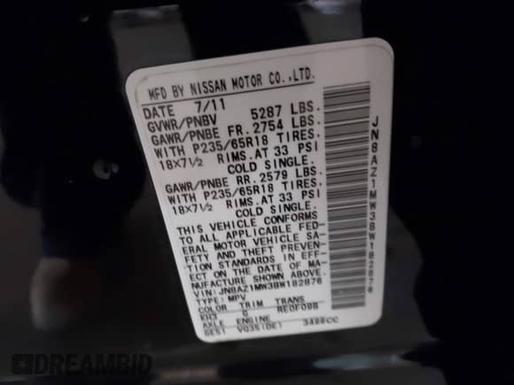 2011 Nissan Murano SV z VIN JN8AZ1MW3BW182876, wystawiony jako IAAI lot #41627614 z przebiegiem 71 870 mil mil oraz . Historia ofert i sprzedaży dostępna na DreamBid. Obrazek 9.