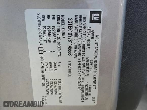 2008 GMC Sierra 1500 z VIN 2GTEK13Y781145558, wystawiony jako Copart lot #54287505 z przebiegiem Nie podano mil oraz Czysty tytuł • Clean title. Historia ofert i sprzedaży dostępna na DreamBid. Obrazek 12.