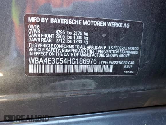 2017 BMW 4 Series 440i with VIN WBA4E3C54HG186976, listed as a Copart auction lot 55885465 with 69,945 mi miles and Salvage title. Bid and sale history available at DreamBid. Image 13.