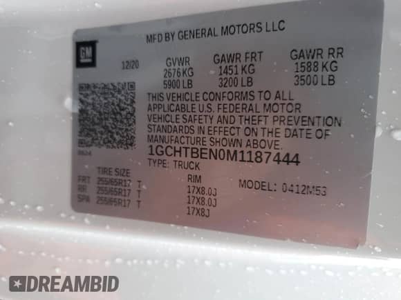 2021 Chevrolet Colorado 4WD Work Truck с VIN 1GCHTBEN0M1187444, выставлен на аукционе Copart как лот 50926955 с пробегом 36 166 миль миль и Списание • Salvage title. История ставок и продаж доступна на DreamBid. Изображение 12.