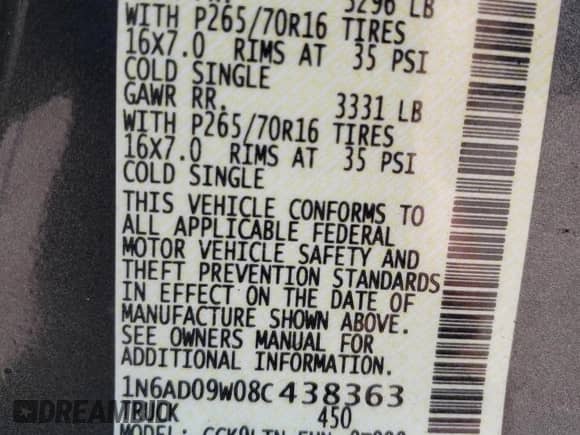 2008 Nissan Frontier SE with VIN 1N6AD09W08C438363, listed as a Copart auction lot 70831664 with 125,338 mi miles and Salvage title. Bid and sale history available at DreamBid. Image 12.