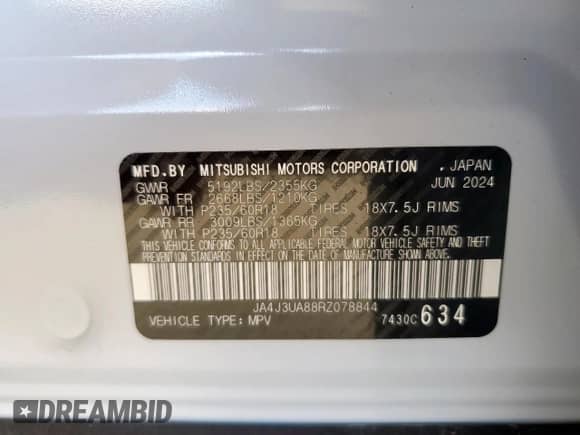 2024 Mitsubishi Outlander ES with VIN JA4J3UA88RZ078844, listed as a Copart auction lot 63990905 with 4,417 mi miles and Clean title. Bid and sale history available at DreamBid. Image 13.