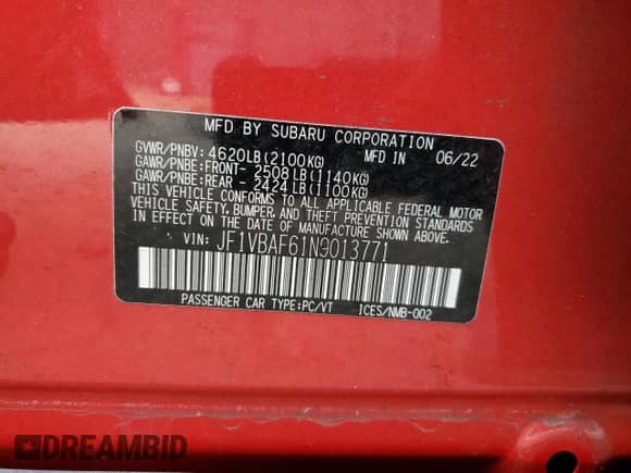 2022 Subaru WRX Premium with VIN JF1VBAF61N9013771, listed as a Copart auction lot 67390115 with 44,267 mi miles and Salvage title. Bid and sale history available at DreamBid. Image 13.