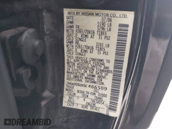 2006 Nissan Frontier SE with VIN 1N6AD06UX6C466509, listed as a IAAI auction lot 43099785 with 138,077 mi miles and . Bid and sale history available at DreamBid. Image 9.