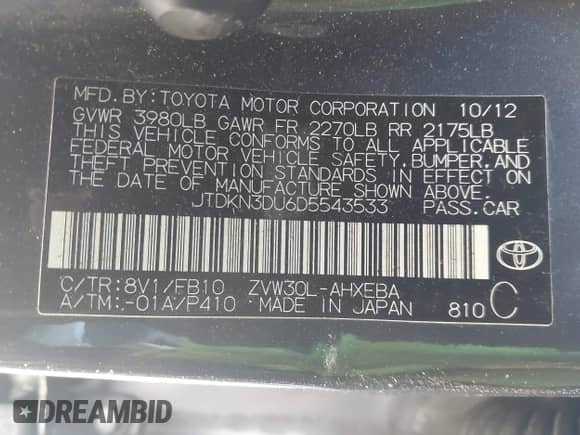 2013 Toyota Prius One с VIN JTDKN3DU6D5543533, выставлен на аукционе IAAI как лот 43262648 с пробегом 178 891 миль миль и . История ставок и продаж доступна на DreamBid. Изображение 9.