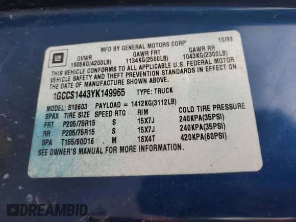 2000 Chevrolet S-10 с VIN 1GCCS1443YK149965, выставлен на аукционе Copart как лот 63531754 с пробегом 318 459 миль миль и На запчасти • Non repairable. История ставок и продаж доступна на DreamBid. Изображение 12.